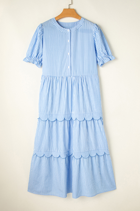 Sky Stripe Scallop Tier Midi Dress