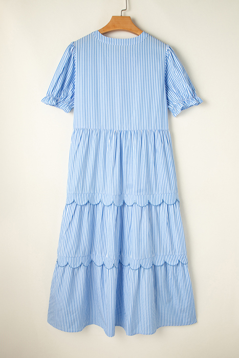 Sky Stripe Scallop Tier Midi Dress