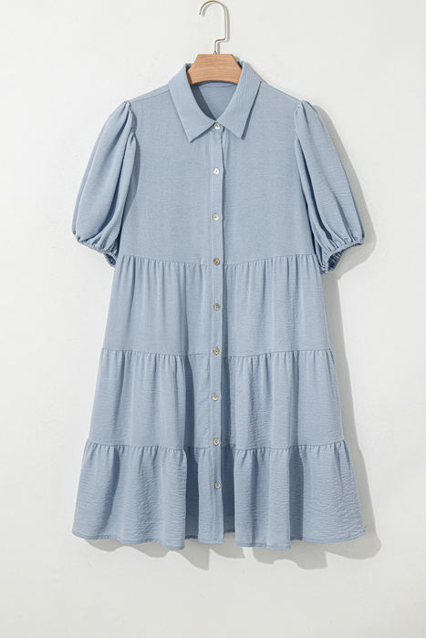 Sky Blue Tiered Puff Sleeve Dress
