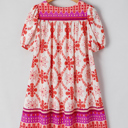  Vibrant Folk Print Puff Sleeve Mini Dress