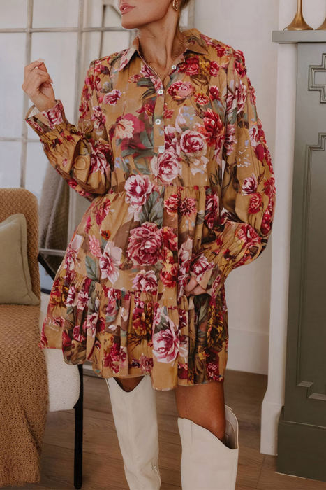 Autumn Bloom Tiered Shirt Dress