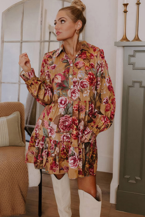 Autumn Bloom Tiered Shirt Dress
