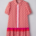  Coral Medallion Ruffle Shirt Dress