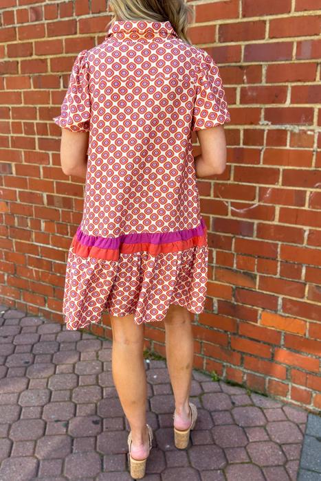 Coral Medallion Ruffle Shirt Dress