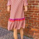  Coral Medallion Ruffle Shirt Dress