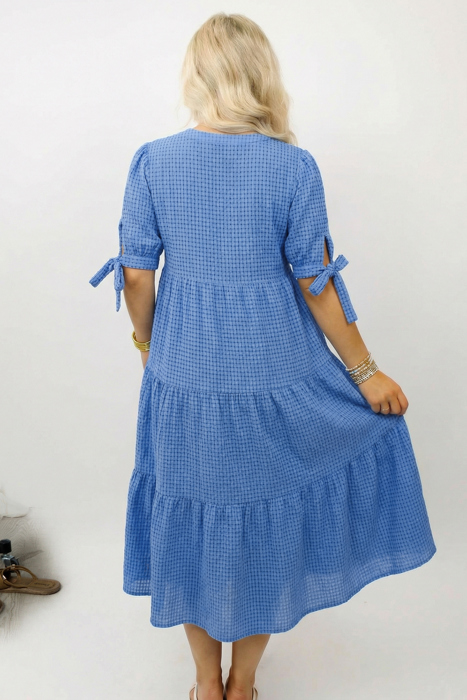Sky Gingham Tie-Sleeve Midi Dress