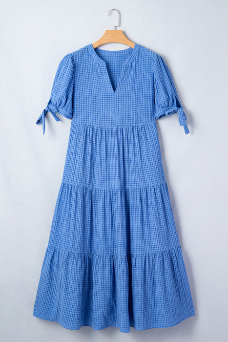 Sky Gingham Tie-Sleeve Midi Dress