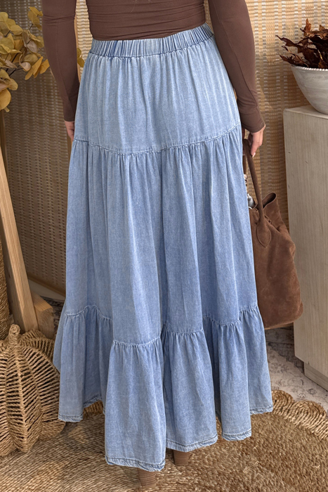 Prairie Breeze Tiered Denim Maxi Skirt