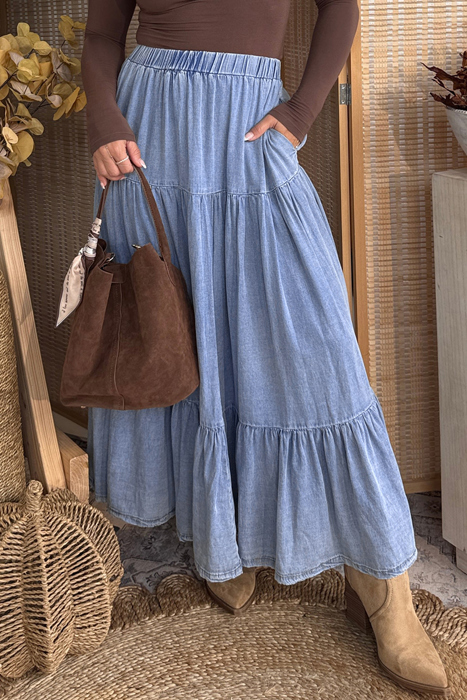 Prairie Breeze Tiered Denim Maxi Skirt