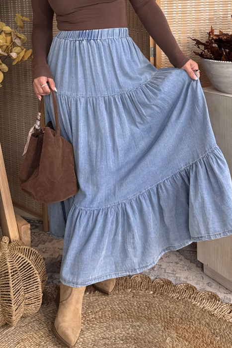 Prairie Breeze Tiered Denim Maxi Skirt