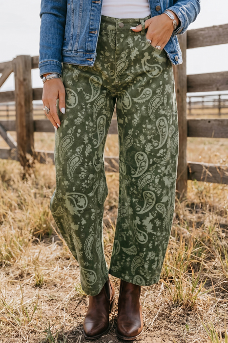 Olive Paisley Barrel Leg Jeans