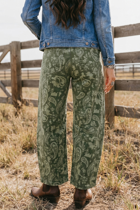 Olive Paisley Barrel Leg Jeans