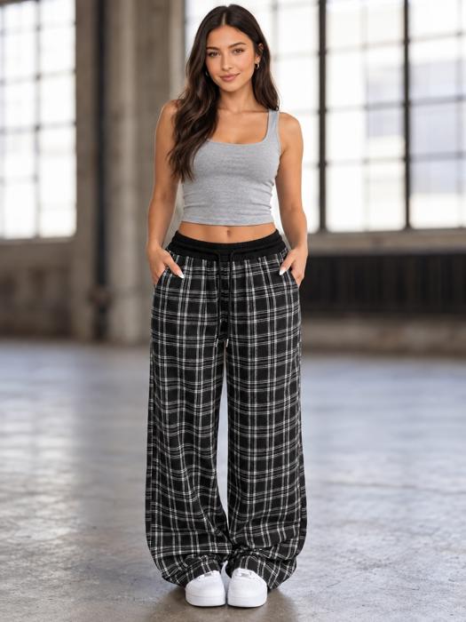 French Plaid Wide Leg Pants
