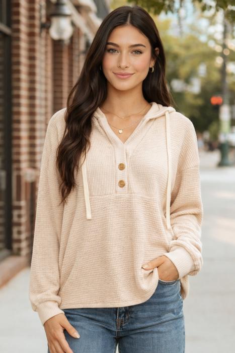 Cream Waffle Hooded Pullover