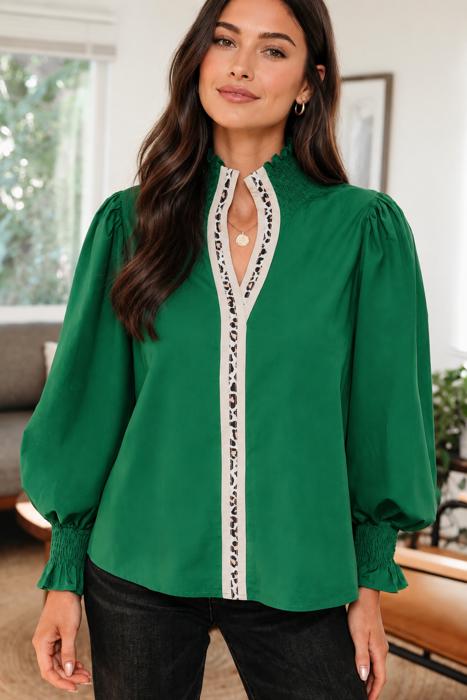 Evergreen Leopard Trim Blouse