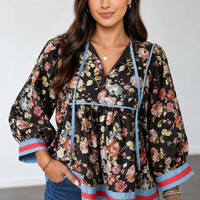Midnight Bloom Tie-Neck Blouse