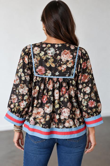 Midnight Bloom Tie-Neck Blouse