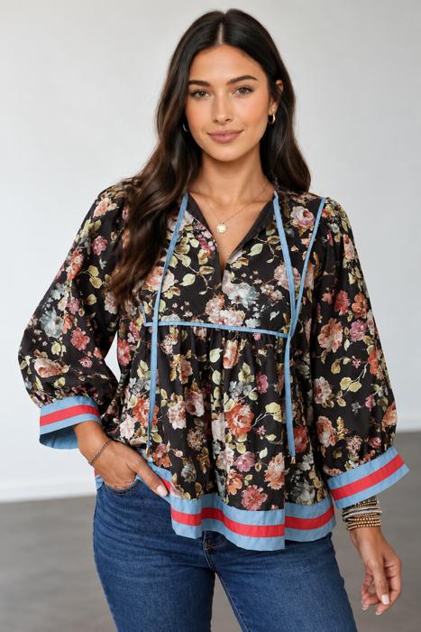 Midnight Bloom Tie-Neck Blouse