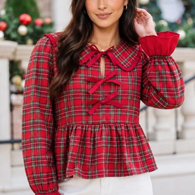 Scarlet Plaid Tie-Neck Blouse