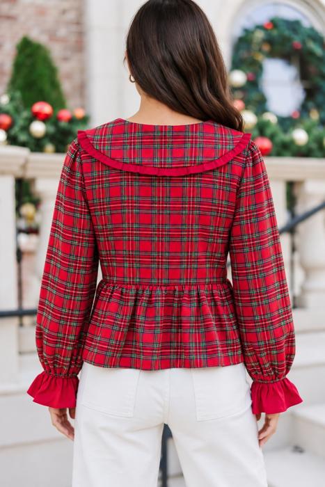 Scarlet Plaid Tie-Neck Blouse