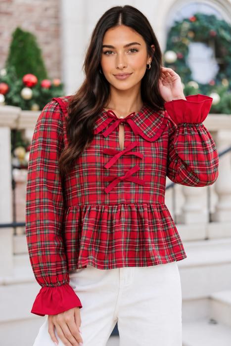 Scarlet Plaid Tie-Neck Blouse