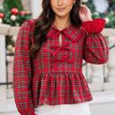 Red Medium Scarlet Plaid Tie-Neck Blouse