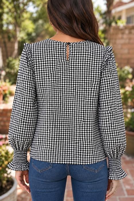 Midnight Plaid Shirred Blouse