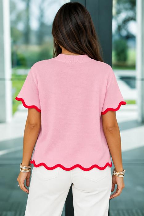 Pink Ribbon Wavy Trim Sweater