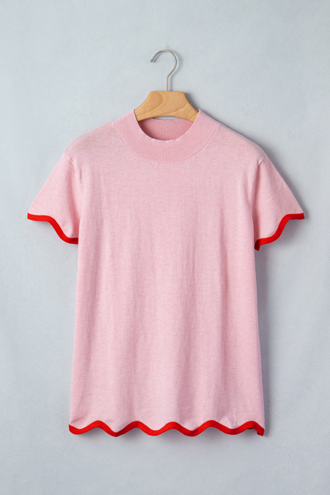 Pink Ribbon Wavy Trim Sweater