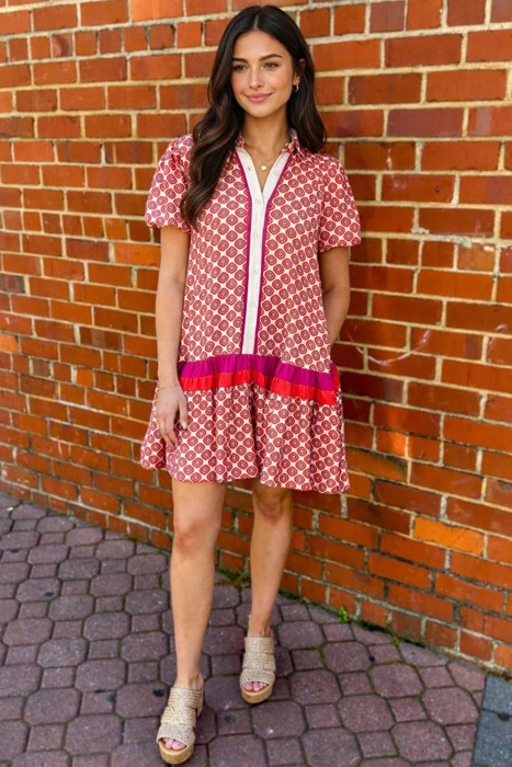 Coral Medallion Ruffle Shirt Dress