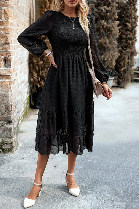 Long Sleeves Dotted Smocked Tiered Midi Dress