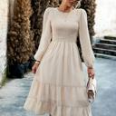 Long Sleeves Dotted Smocked Tiered Midi Dress