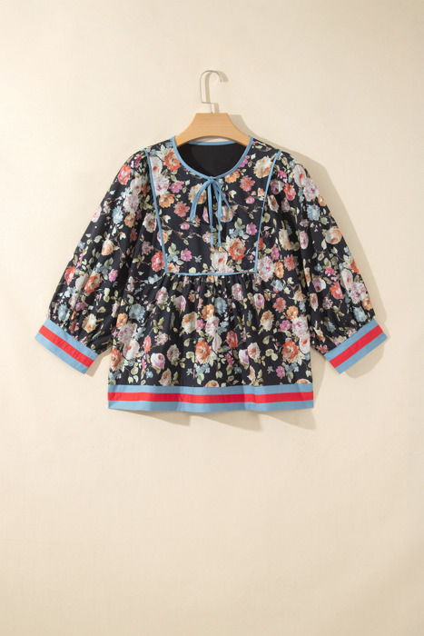 Midnight Bloom Tie-Neck Blouse