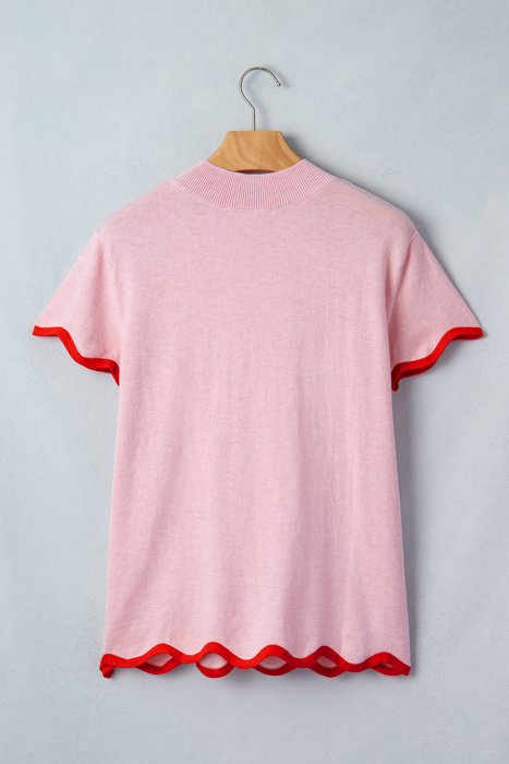 Pink Ribbon Wavy Trim Sweater