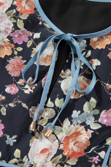 Midnight Bloom Tie-Neck Blouse