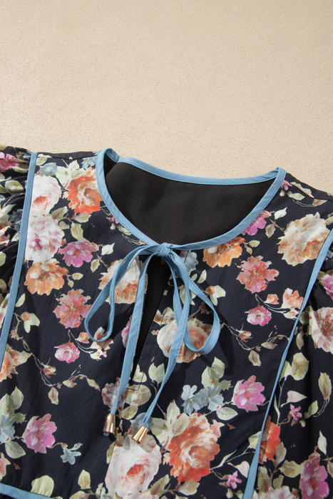 Midnight Bloom Tie-Neck Blouse