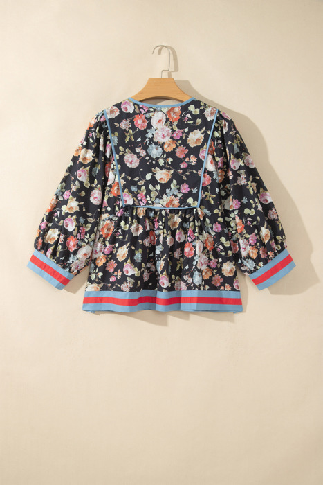 Midnight Bloom Tie-Neck Blouse