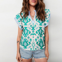  Turquoise Ikat Ruffle Blouse