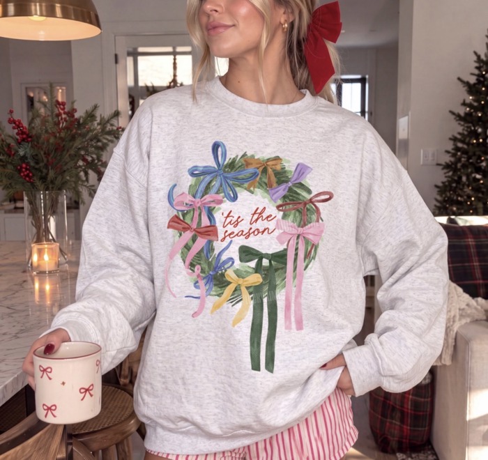 Tis the Season Christmas Swetshirt, Christmas Bow Shirt, Preppy Holiday Crewneck, Whimsical Christmas, Coquette Xmas Shirt