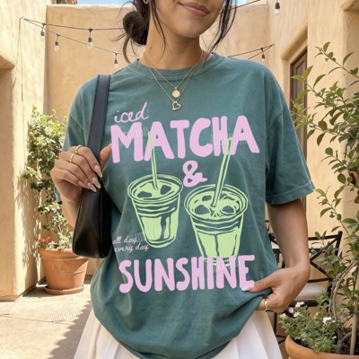 Iced Matcha and Sunshine Shirt, Matcha Lover Tshirt, Sunshine Graphic Tee, Summer Shirts for Women, Trendy Summer Apparel