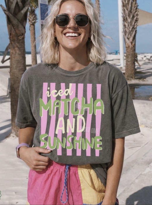 Iced Matcha and Sunshine Shirt, Trendy Summer Tee, Striped Design Shirt, Matcha Lover Graphic Tee