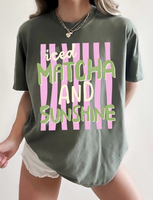 Iced Matcha and Sunshine Shirt, Trendy Summer Tee, Striped Design Shirt, Matcha Lover Graphic Tee