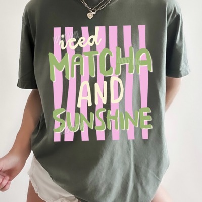 Iced Matcha and Sunshine Shirt, Trendy Summer Tee, Striped Design Shirt, Matcha Lover Graphic Tee