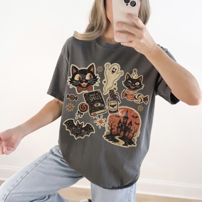 Retro Vintage Halloween Collage Shirt, Retro Cat Halloween Tshirt, Trendy Halloween Tee, Comfort Colors® Spooky Season Shirt, Fall Top