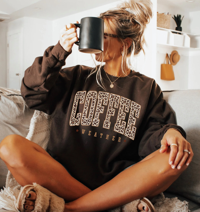 Leopard Print Coffee Weather Sweatshirt, Womens Fall Sweatshirt, Coffee Lover Gift, Trendy Dark Chocolate Sweatshirt