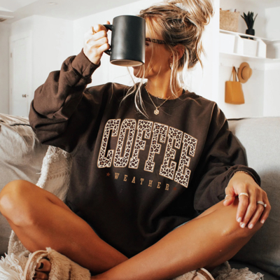Leopard Print Coffee Weather Sweatshirt, Womens Fall Sweatshirt, Coffee Lover Gift, Trendy Dark Chocolate Sweatshirt