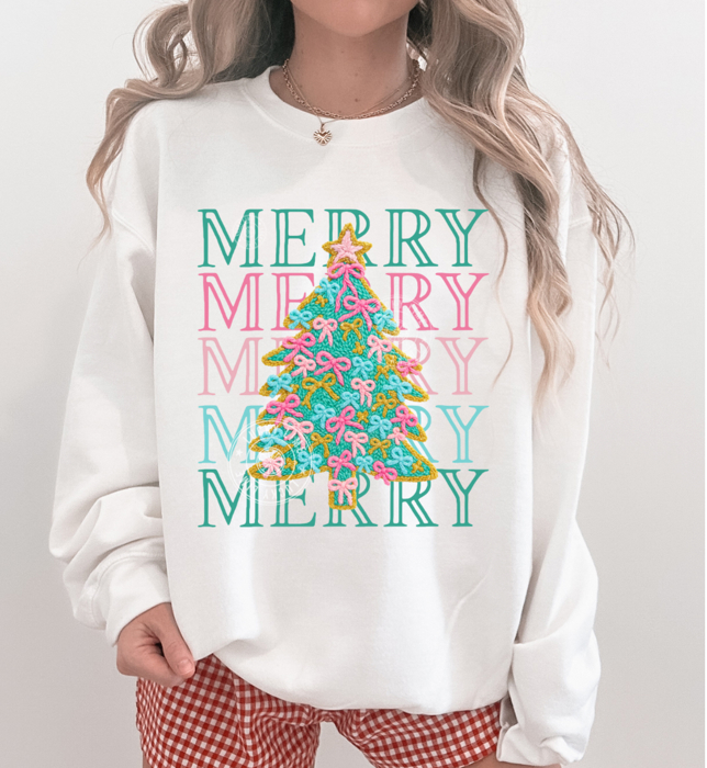 Merry Christmas Sweatshirt, Faux Yarn Christmas Tree Sweatshirt, Preppy Christmas Shirt, Coquette Christmas Tree Sweatshirt