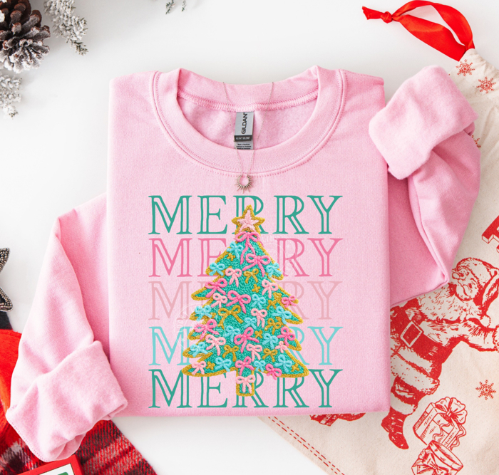 Merry Christmas Sweatshirt, Faux Yarn Christmas Tree Sweatshirt, Preppy Christmas Shirt, Coquette Christmas Tree Sweatshirt