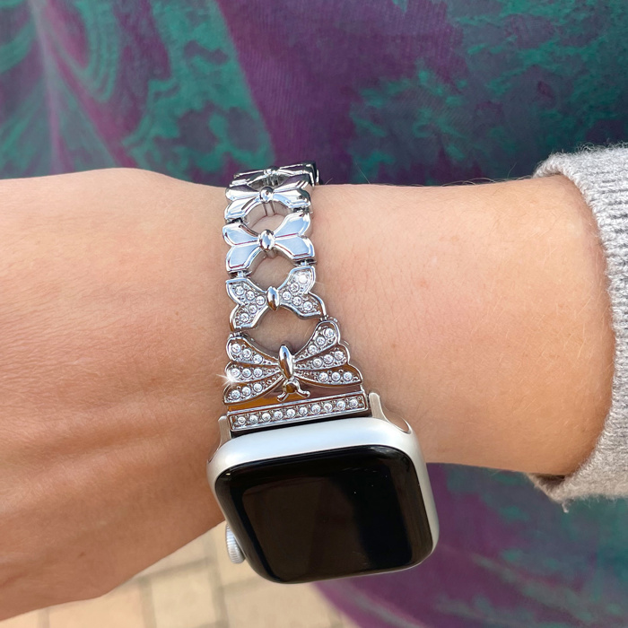 Butterfly Diamond Bracelet for Apple Watch 38/40/41mm and 42/44/45/46/49mm All Series Fancy Cute Stretchy  Adjustable Jewelry Strap Replacement for iWatch Series 10/9/8/7/6/5/4/3/2/1/SE
