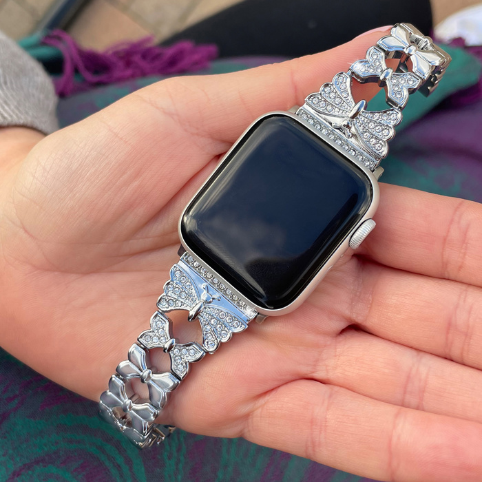 Butterfly Diamond Bracelet for Apple Watch 38/40/41mm and 42/44/45/46/49mm All Series Fancy Cute Stretchy  Adjustable Jewelry Strap Replacement for iWatch Series 10/9/8/7/6/5/4/3/2/1/SE